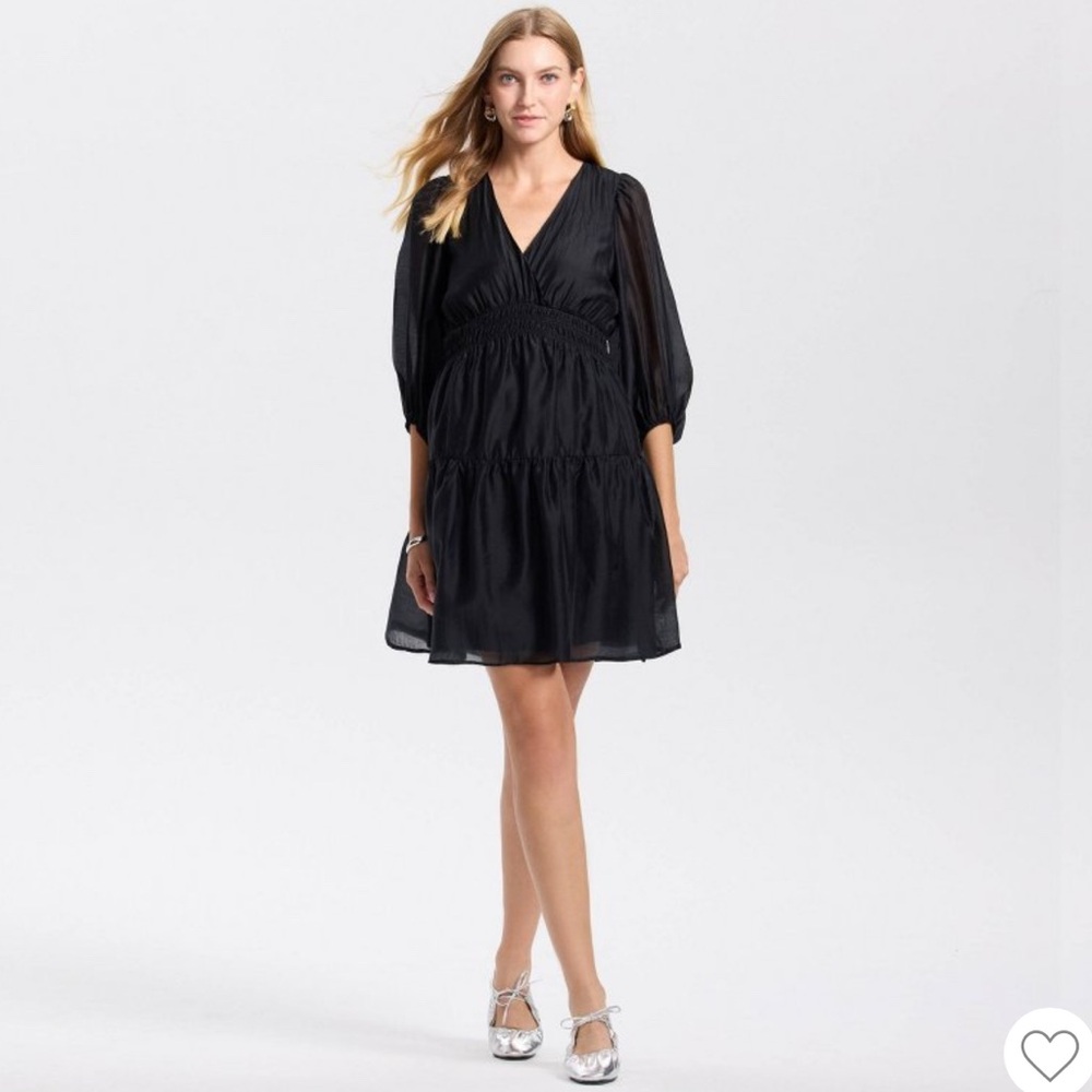 NWT Women's Balloon Long Sleeve Shirring Mini A-Line Dress - A New Day Black L